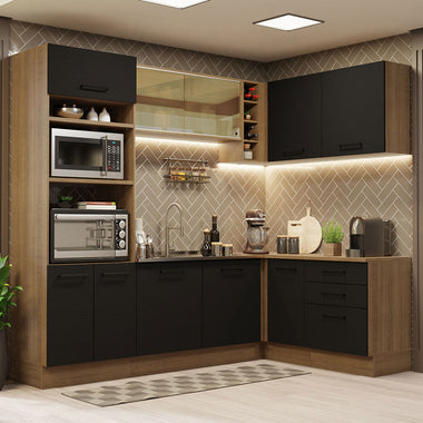 Combo completo de Cocina Esquinera 399 cm 10 Puertas 3 Cajones Sin Mesada Marrón/Negro Agata Madesa