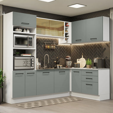 Combo completo de Cocina Esquinera 399 cm 10 Puertas 3 Cajones Sin Mesada Blanco/Gris Agata Madesa