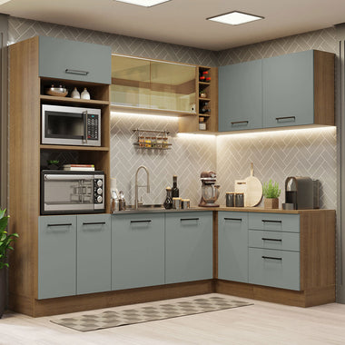 Combo completo de Cocina Esquinera 399 cm 10 Puertas 3 Cajones Sin Mesada Marrón/Gris Agata Madesa