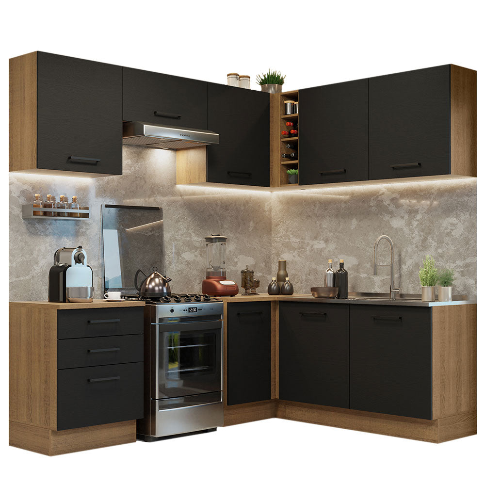 Combo completo de Cocina Esquinera 399 cm 8 Puertas 3 Cajones Sin Mesada Marrón/Negro Agata Madesa
