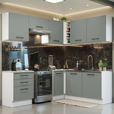 Combo completo de Cocina Esquinera 399 cm 8 Puertas 3 Cajones Sin Mesada Blanco/Gris Agata Madesa