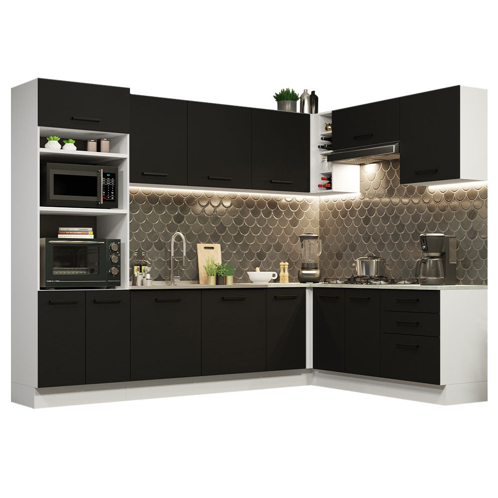 Combo completo de Cocina Esquinera 479 cm 13 Puertas 3 Cajones Sin Mesada Blanco/Negro Agata Madesa