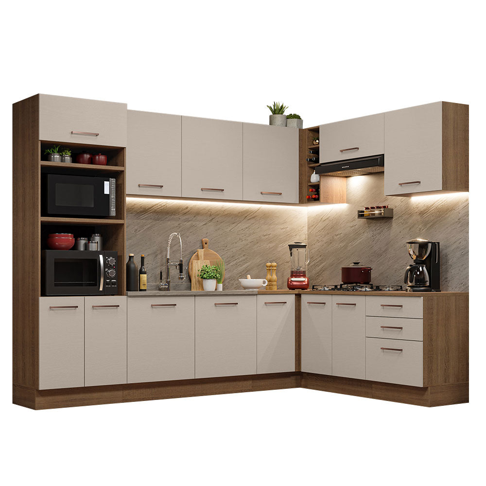 Combo completo de Cocina Esquinera 479 cm 13 Puertas 3 Cajones Sin Mesada Marrón/Crema Agata Madesa