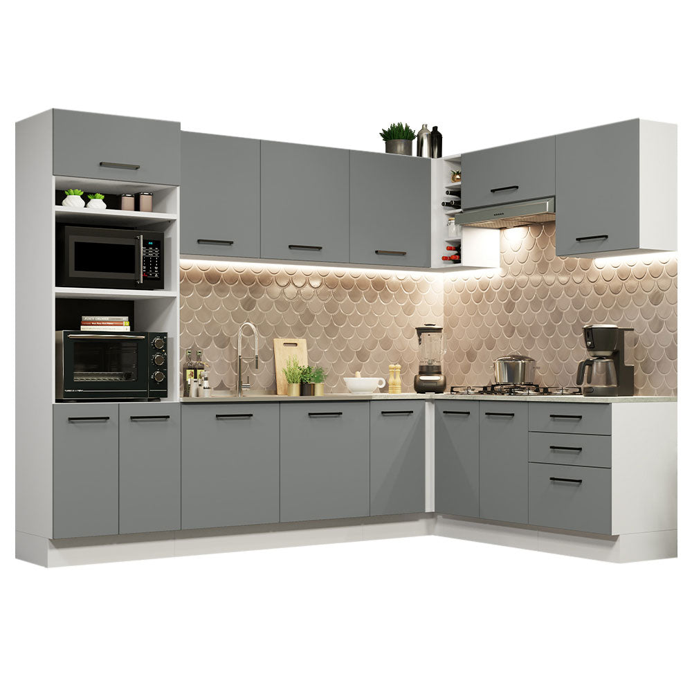 Combo completo de Cocina Esquinera 479 cm 13 Puertas 3 Cajones Sin Mesada Blanco/Gris Agata Madesa