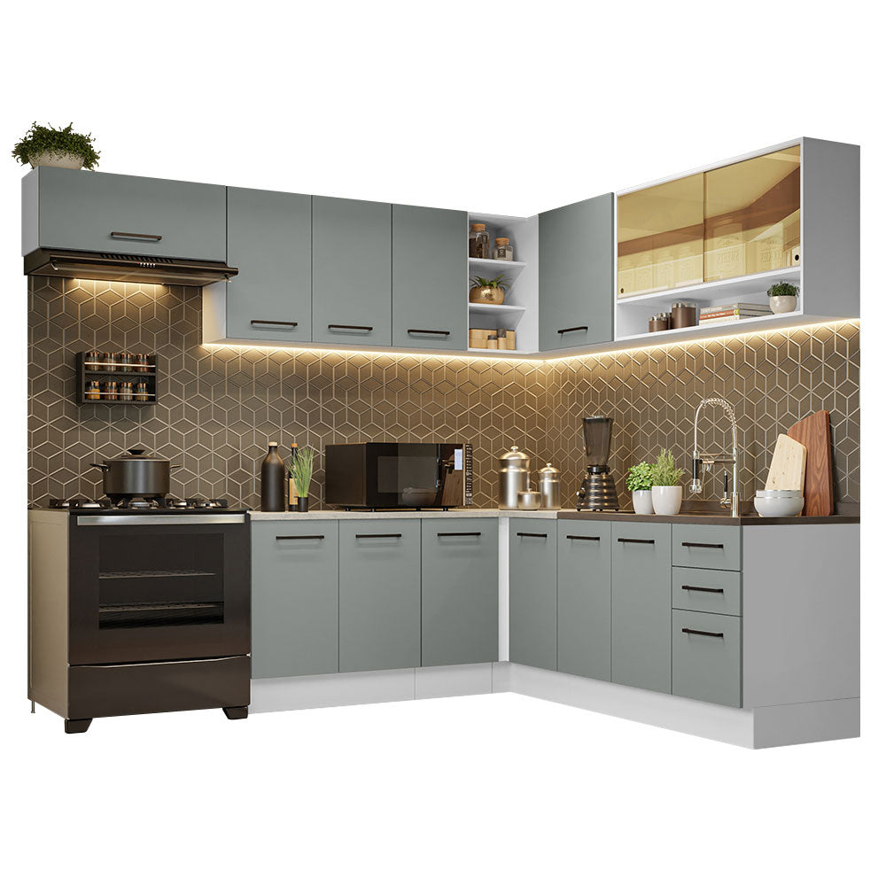 Combo completo de Cocina Esquinera 486 cm 13 Puertas 3 Cajones Sin Mesada Blanco/Gris Agata Madesa