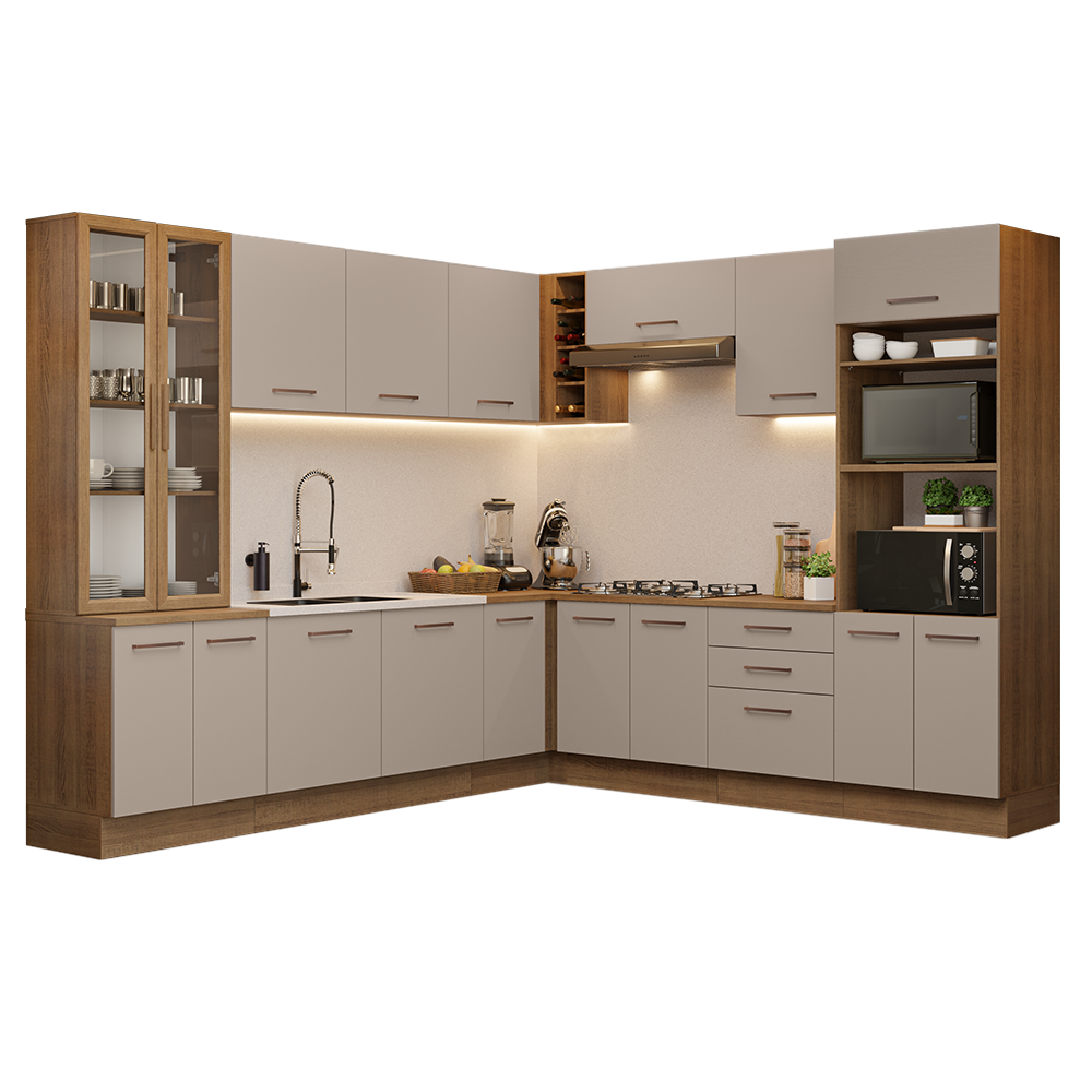 Combo completo de Cocina Esquinera 549 cm con Cristalero 17 Puertas 3 Cajones Sin Mesada Marrón/Crema Agata Madesa