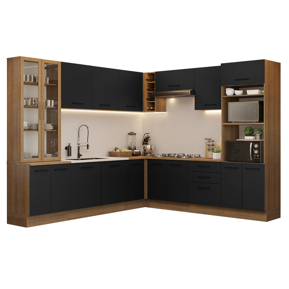 Combo completo de Cocina Esquinera 549 cm con Cristalero 17 Puertas 3 Cajones Sin Mesada Marrón/Negro Agata Madesa