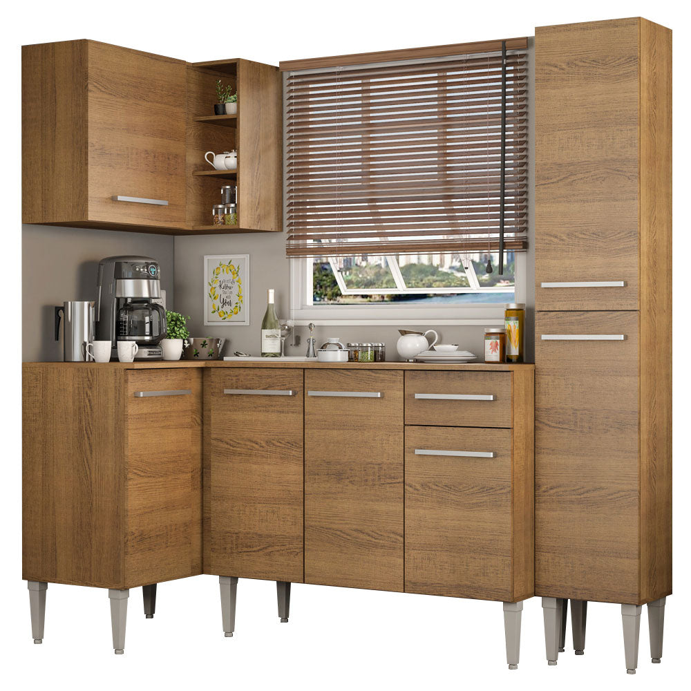 Combo completo de Cocina Esquinera 261 cm 7 Puertas 1 Cajón Marrón Emilly Madesa