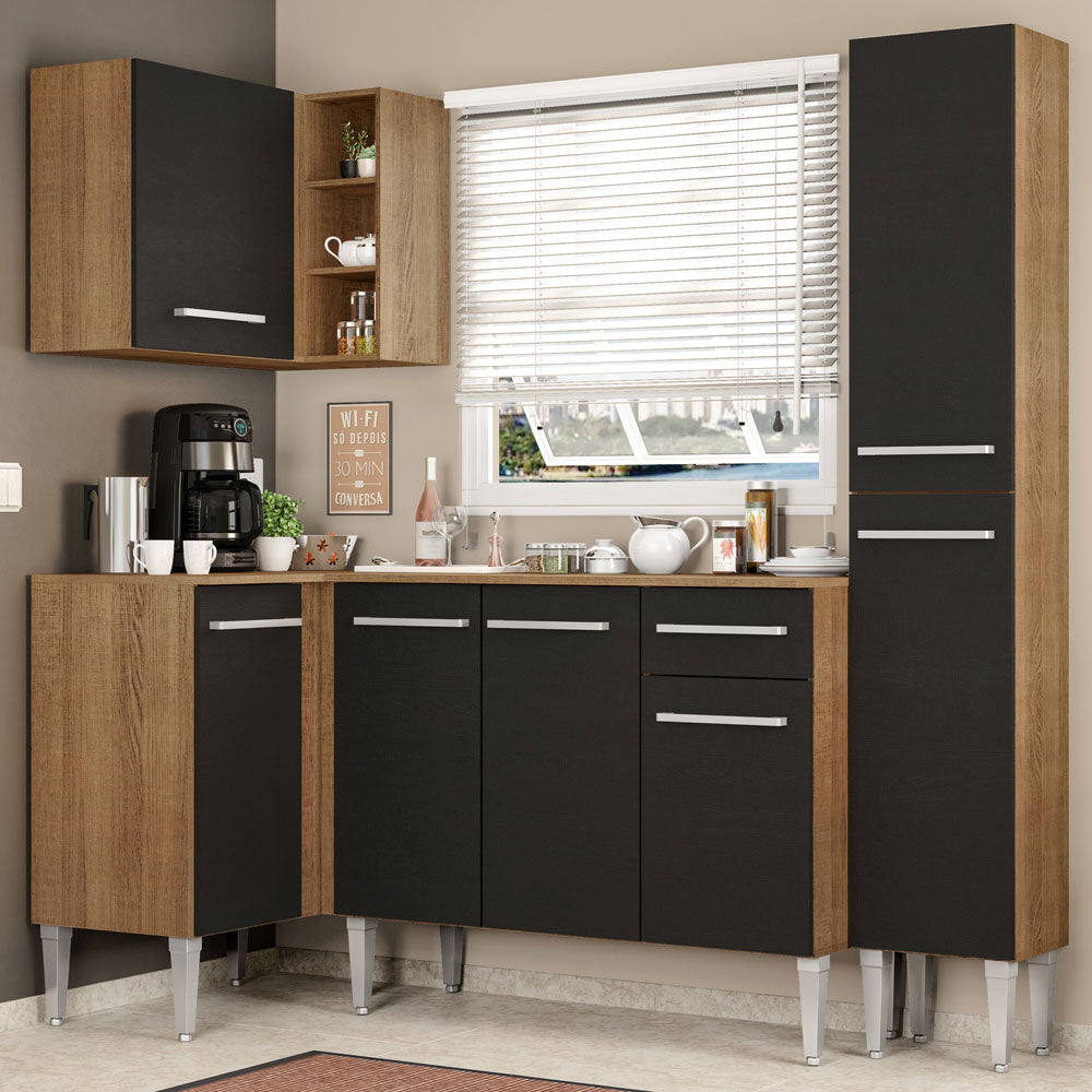 Combo completo de Cocina Esquinera 261 cm 6 Puertas 1 Cajón Marrón/Negro Emilly Madesa