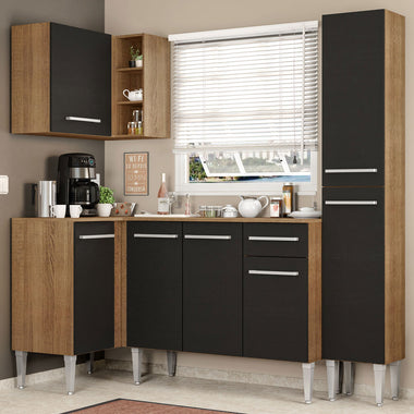Combo completo de Cocina Esquinera 261 cm 6 Puertas 1 Cajón Marrón/Negro Emilly Madesa