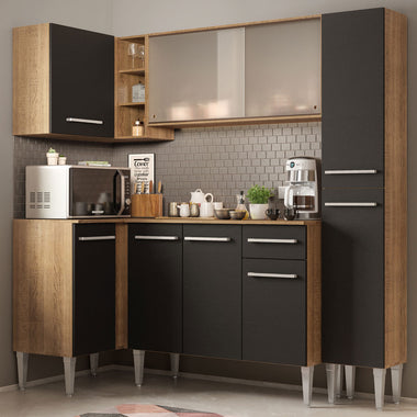 Combo completo de Cocina Esquinera 261 cm 9 Puertas 1 Cajón Marrón/Negro Emilly Madesa