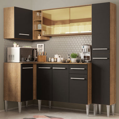 Combo completo de Cocina Esquinera 261 cm 9 Puertas 1 Cajón Marrón/Negro Emilly Madesa