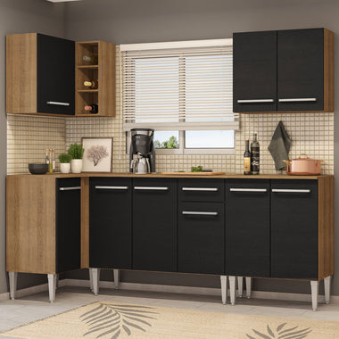 Combo completo de Cocina Esquinera 293 cm 9 Puertas 1 Cajón Marrón/Negro Emilly Madesa