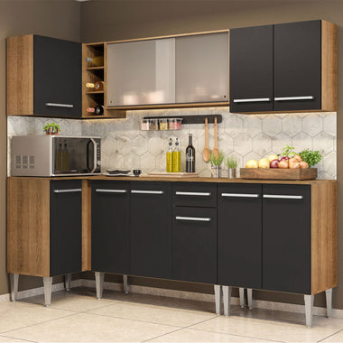 Combo completo de Cocina Esquinera 293 cm 11 Puertas 1 Cajón Marrón/Negro Emilly Madesa