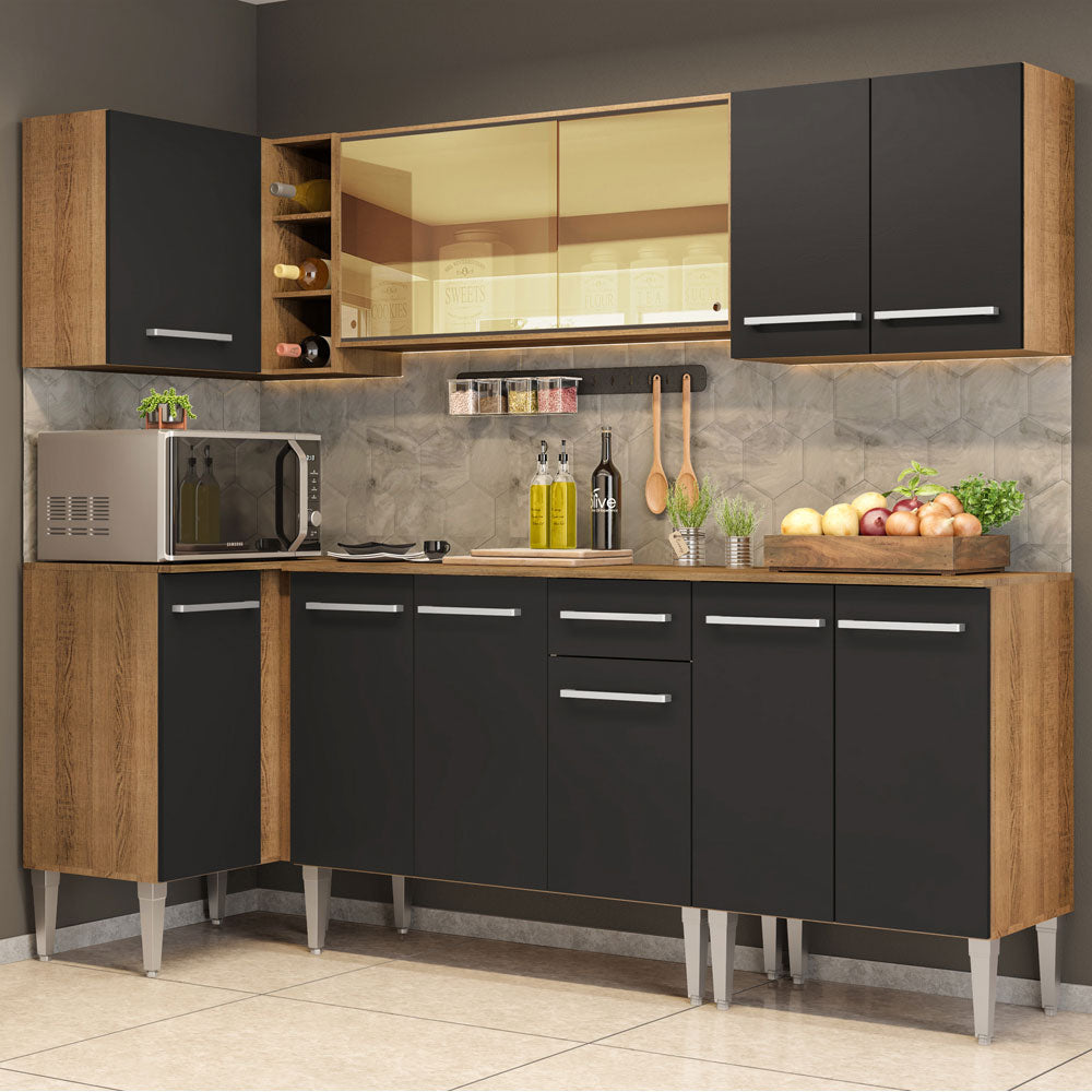 Combo completo de Cocina Esquinera 293 cm 11 Puertas 1 Cajón Marrón/Negro Emilly Madesa 04