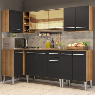Combo completo de Cocina Esquinera 293 cm 11 Puertas 1 Cajón Marrón/Negro Emilly Madesa