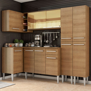 Combo completo de Cocina Esquinera 293 cm 11 Puertas 1 Cajón Marrón Emilly Madesa