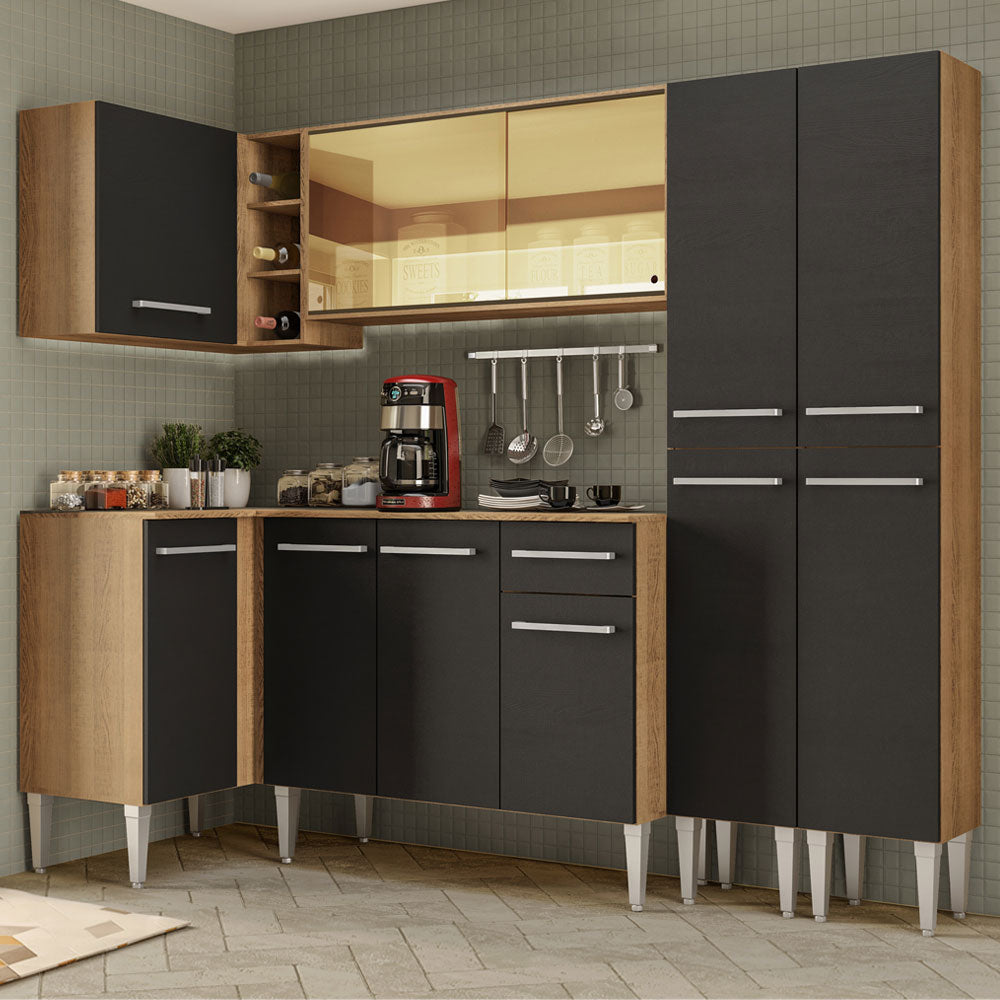 Combo completo de Cocina Esquinera 293 cm 11 Puertas 1 Cajón Marrón/Negro Emilly Madesa 06