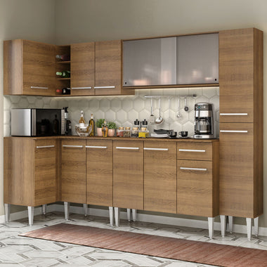 Combo completo de Cocina Esquinera 325 cm 13 Puertas 1 Cajón Marrón Emilly Madesa