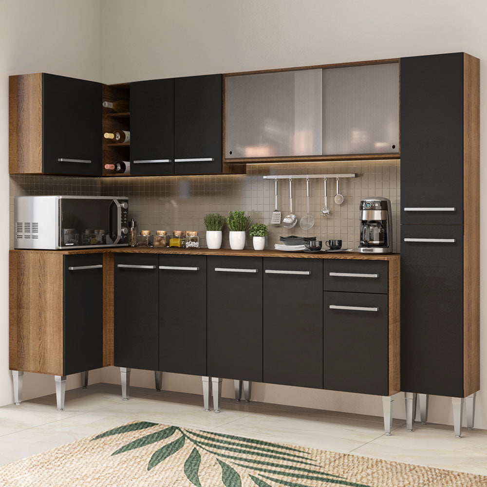 Combo completo de Cocina Esquinera 325 cm 13 Puertas 1 Cajón Marrón/Negro Emilly Madesa 03