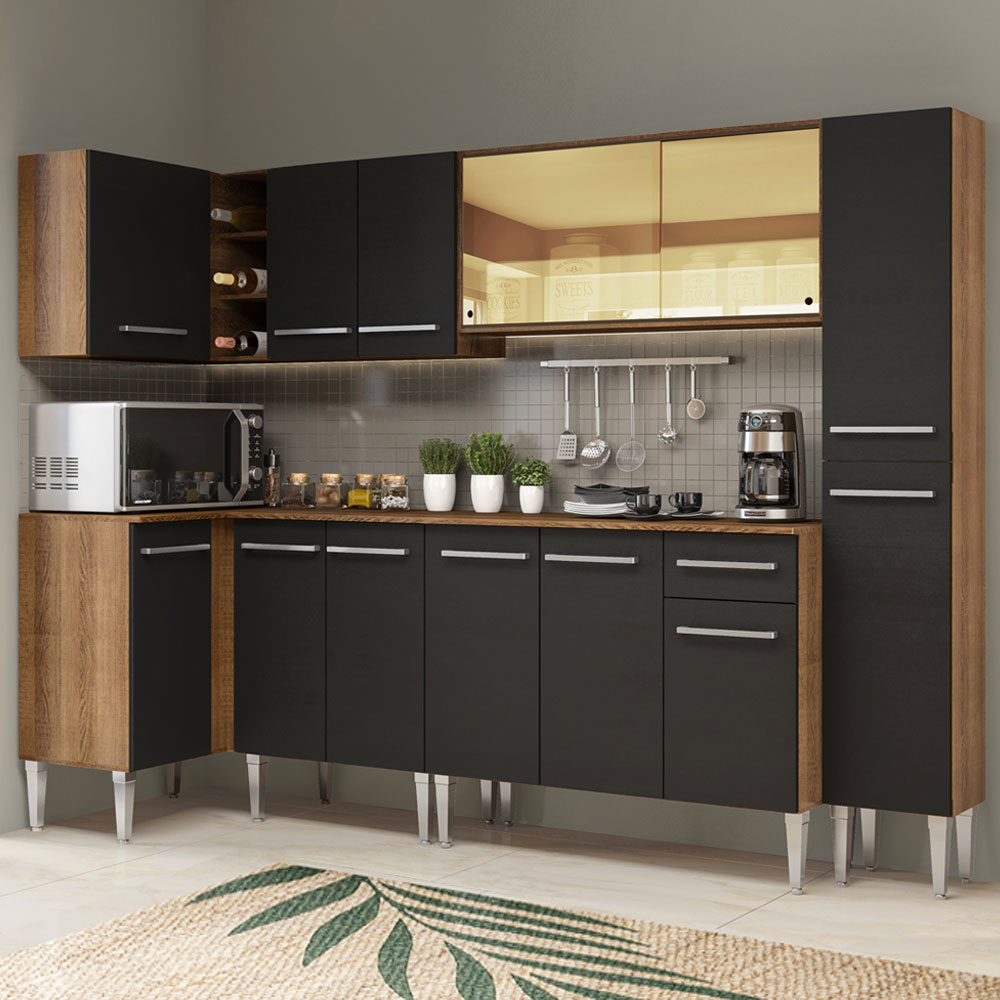 Combo completo de Cocina Esquinera 325 cm 13 Puertas 1 Cajón Marrón/Negro Emilly Madesa 04