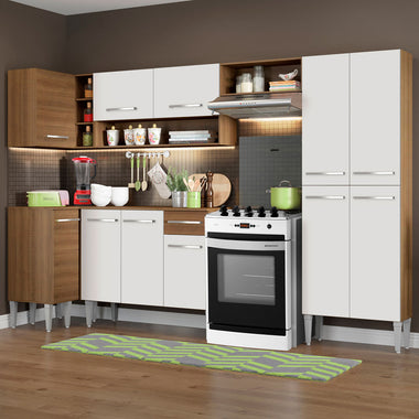 Combo completo de Cocina Esquinera 353 cm 11 Puertas 1 Cajón Marrón/Blanco Emilly Madesa