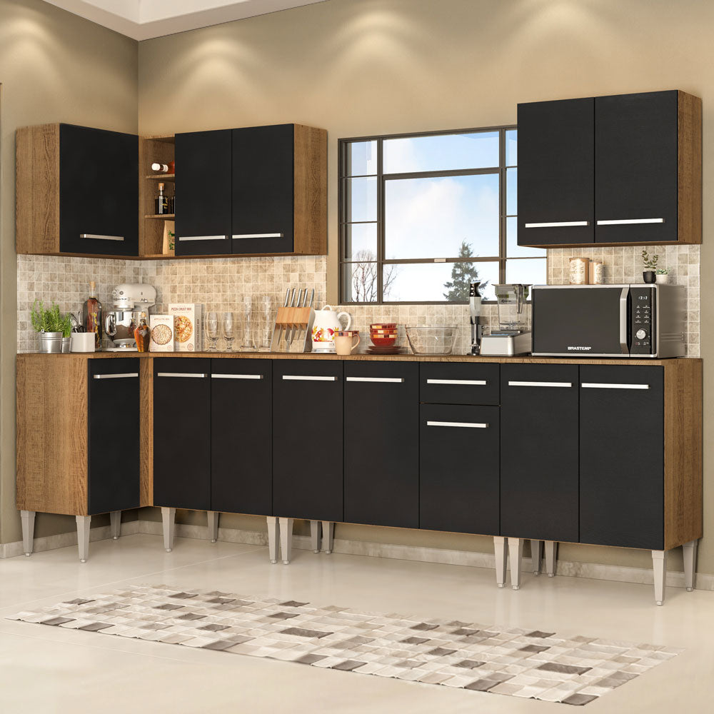 Combo completo de Cocina Esquinera 357 cm 13 Puertas 1 Cajón Marrón/Negro Emilly Madesa
