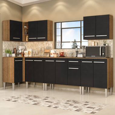 Combo completo de Cocina Esquinera 357 cm 13 Puertas 1 Cajón Marrón/Negro Emilly Madesa