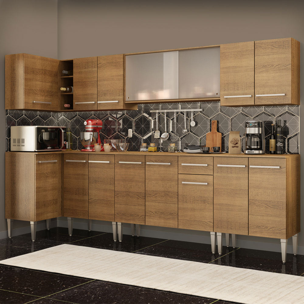 Combo completo de Cocina Esquinera 357 cm 15 Puertas 1 Cajón Marrón Emilly Madesa 02