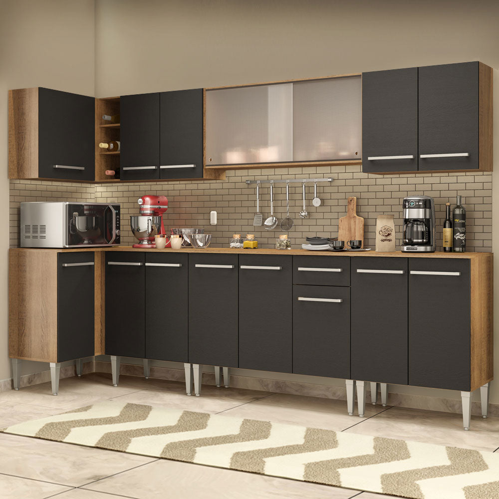 Combo completo de Cocina Esquinera 357 cm 15 Puertas 1 Cajón Marrón/Negro Emilly Madesa 02