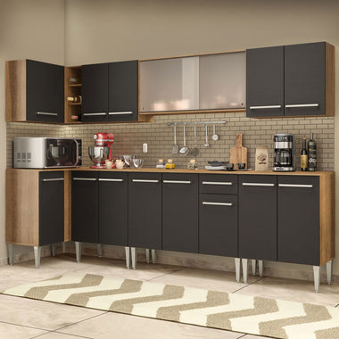 Combo completo de Cocina Esquinera 357 cm 15 Puertas 1 Cajón Marrón/Negro Emilly Madesa