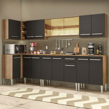 Combo completo de Cocina Esquinera 357 cm 15 Puertas 1 Cajón Marrón/Negro Emilly Madesa