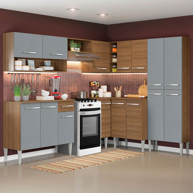 Combo completo de Cocina Esquinera 417 cm 15 Puertas 1 Cajón Marrón/Gris Emilly Madesa