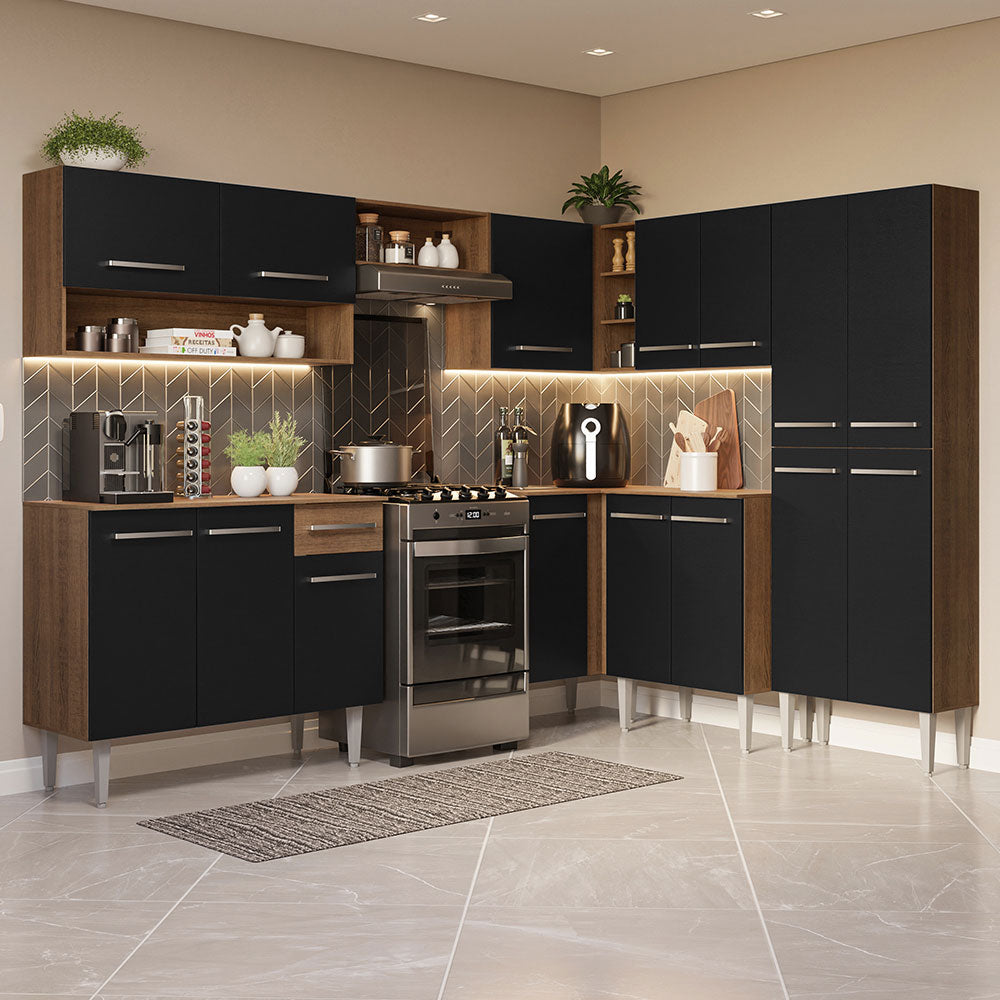 Combo completo de Cocina Esquinera 417 cm 15 Puertas 1 Cajón Marrón/Negro Emilly Madesa
