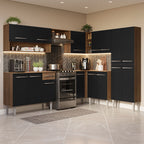 Combo completo de Cocina Esquinera 417 cm 15 Puertas 1 Cajón Marrón/Negro Emilly Madesa