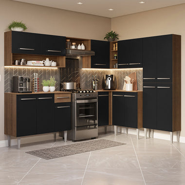 Combo completo de Cocina Esquinera 417 cm 15 Puertas 1 Cajón Marrón/Negro Emilly Madesa