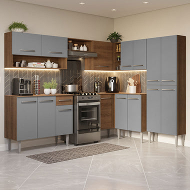 Combo completo de Cocina Esquinera 417 cm 15 Puertas 1 Cajón Marrón/Gris Emilly Madesa