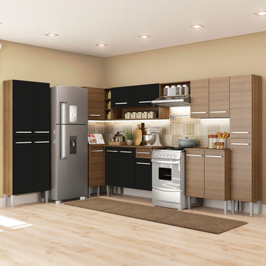 Combo completo de Cocina Esquinera 513 cm 17 Puertas 1 Cajón Marrón/Negro Emilly Madesa