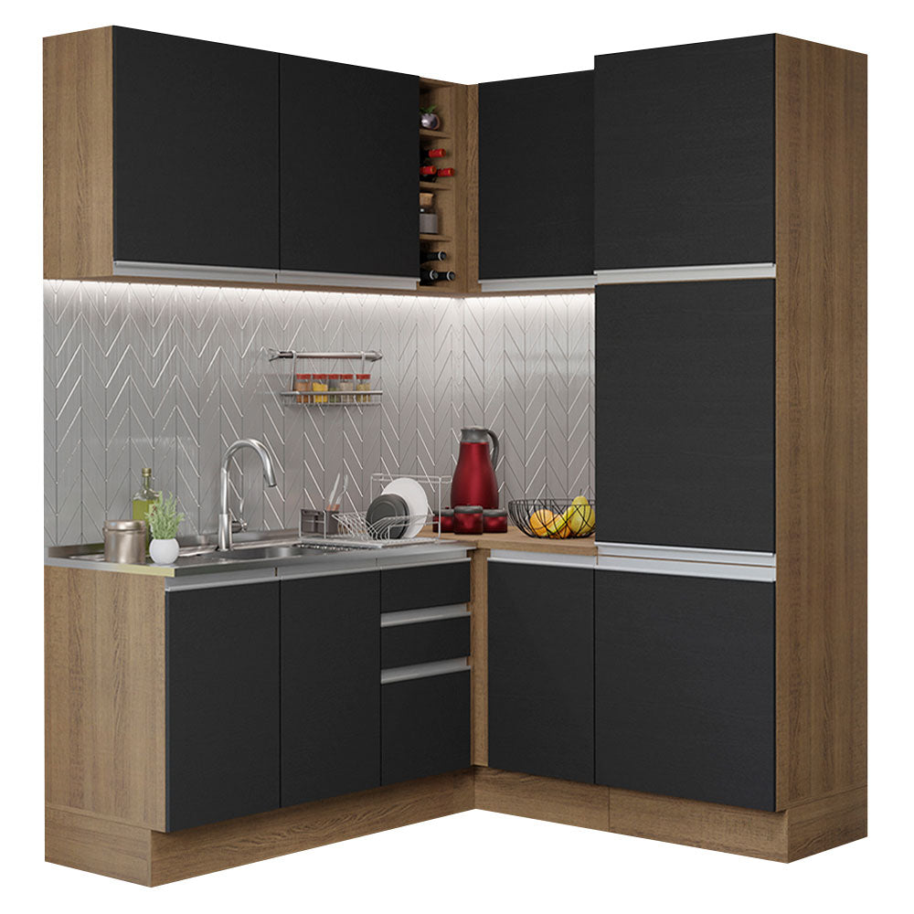 Combo completo de Cocina Esquinera 329 cm 9 Puertas 3 Cajones Sin Mesada Marrón/Negro Glamy Madesa