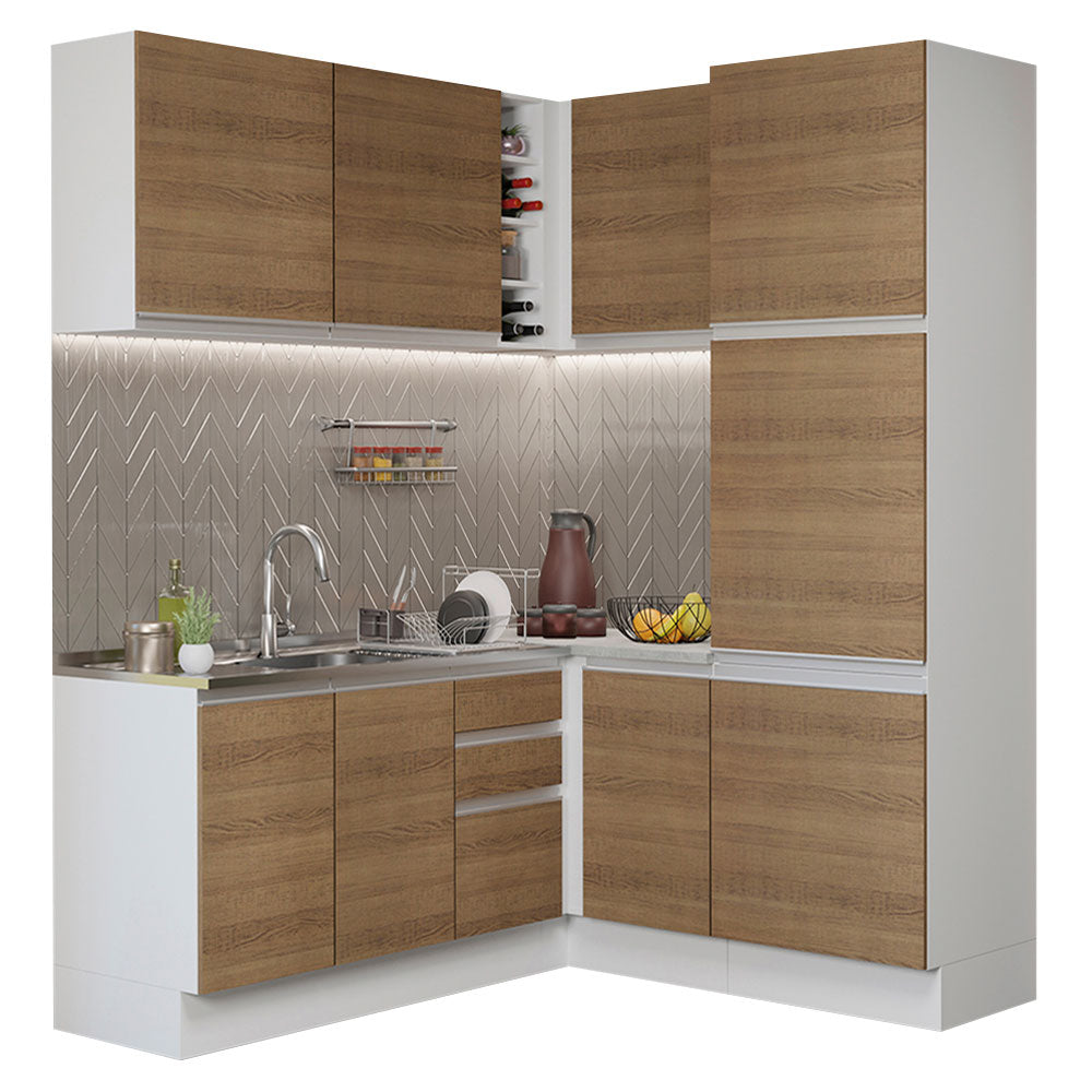 Combo completo de Cocina Esquinera 329 cm 9 Puertas 3 Cajones Sin Mesada Blanco/Marrón Glamy Madesa