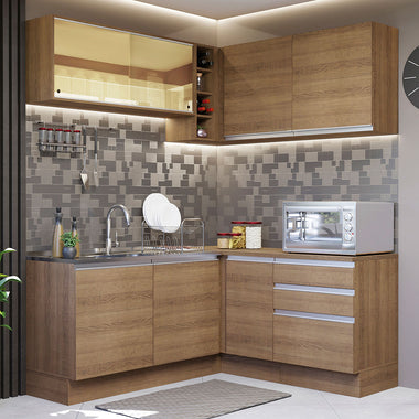 Combo completo de Cocina Esquinera 329 cm 7 Puertas 3 Cajones Sin Mesada Marrón Glamy Madesa
