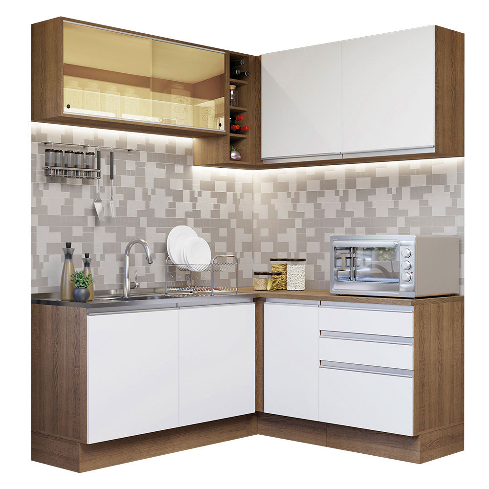 Combo completo de Cocina Esquinera 329 cm 7 Puertas 3 Cajones Sin Mesada Marrón/Blanco Glamy Madesa