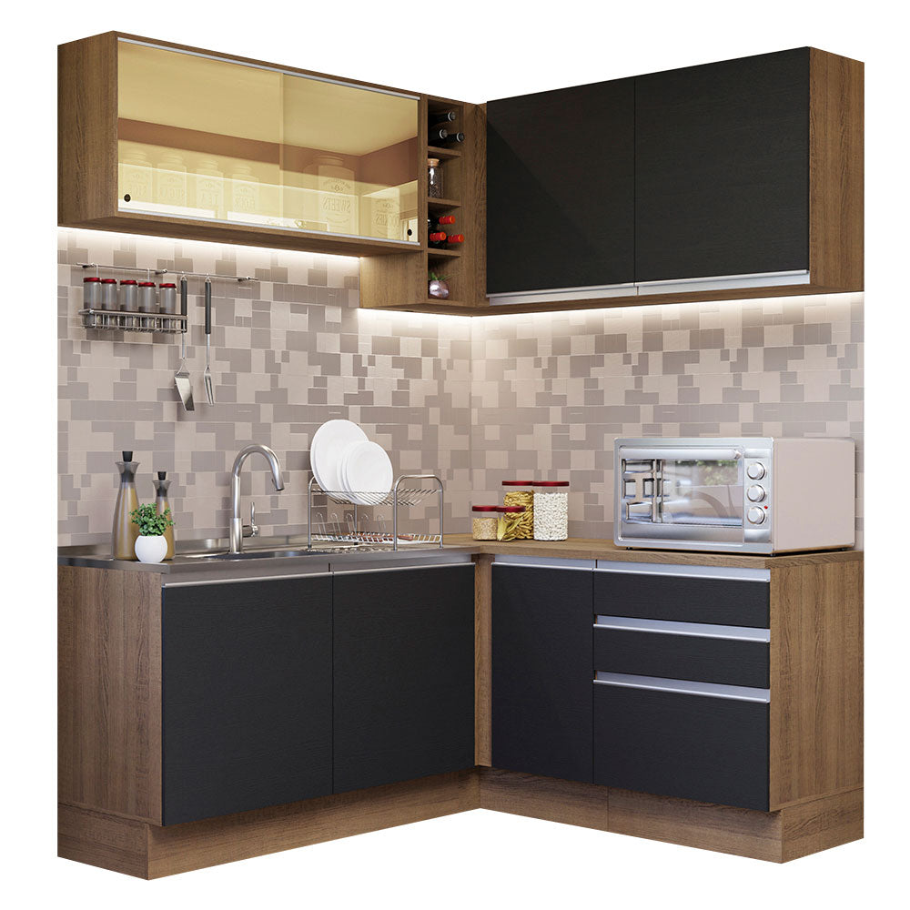 Combo completo de Cocina Esquinera 329 cm 7 Puertas 3 Cajones Sin Mesada Marrón/Negro Glamy Madesa