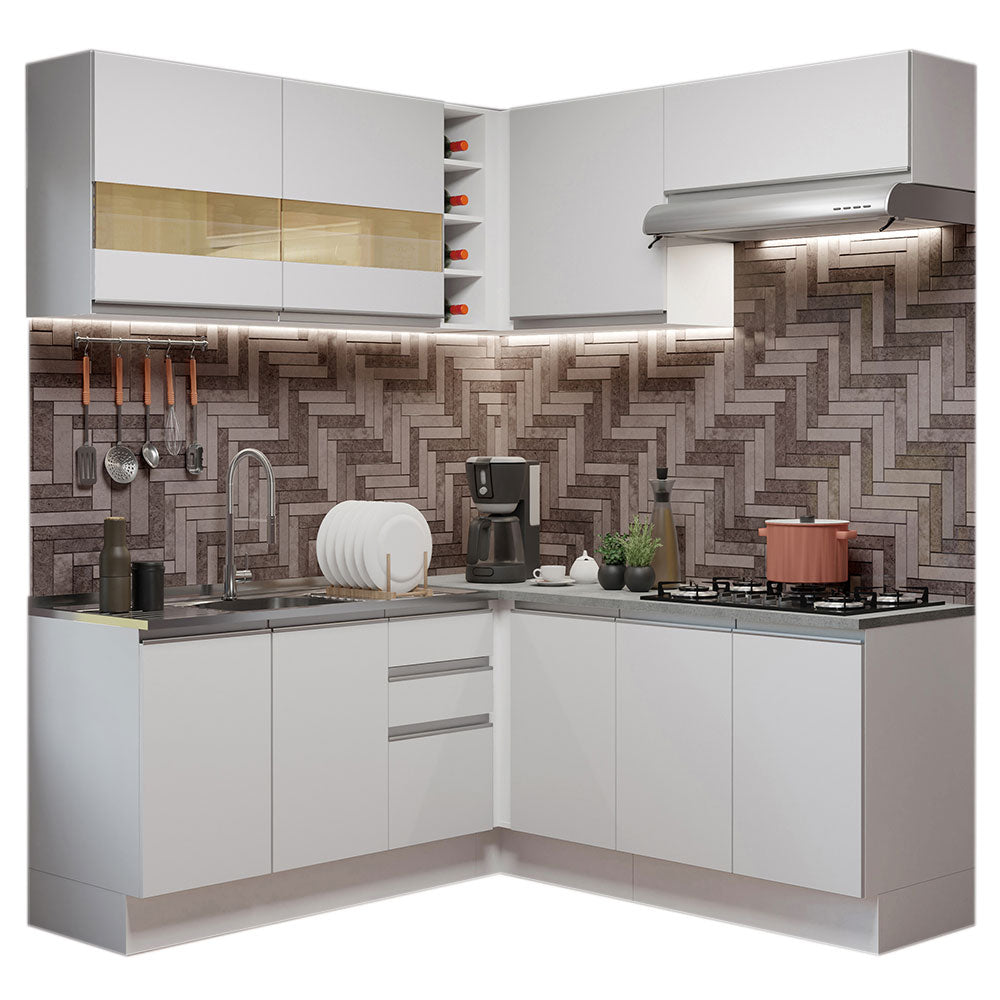 Combo completo de Cocina Esquinera 349 cm 9 Puertas 3 Cajones Sin Mesada Blanco Glamy Madesa