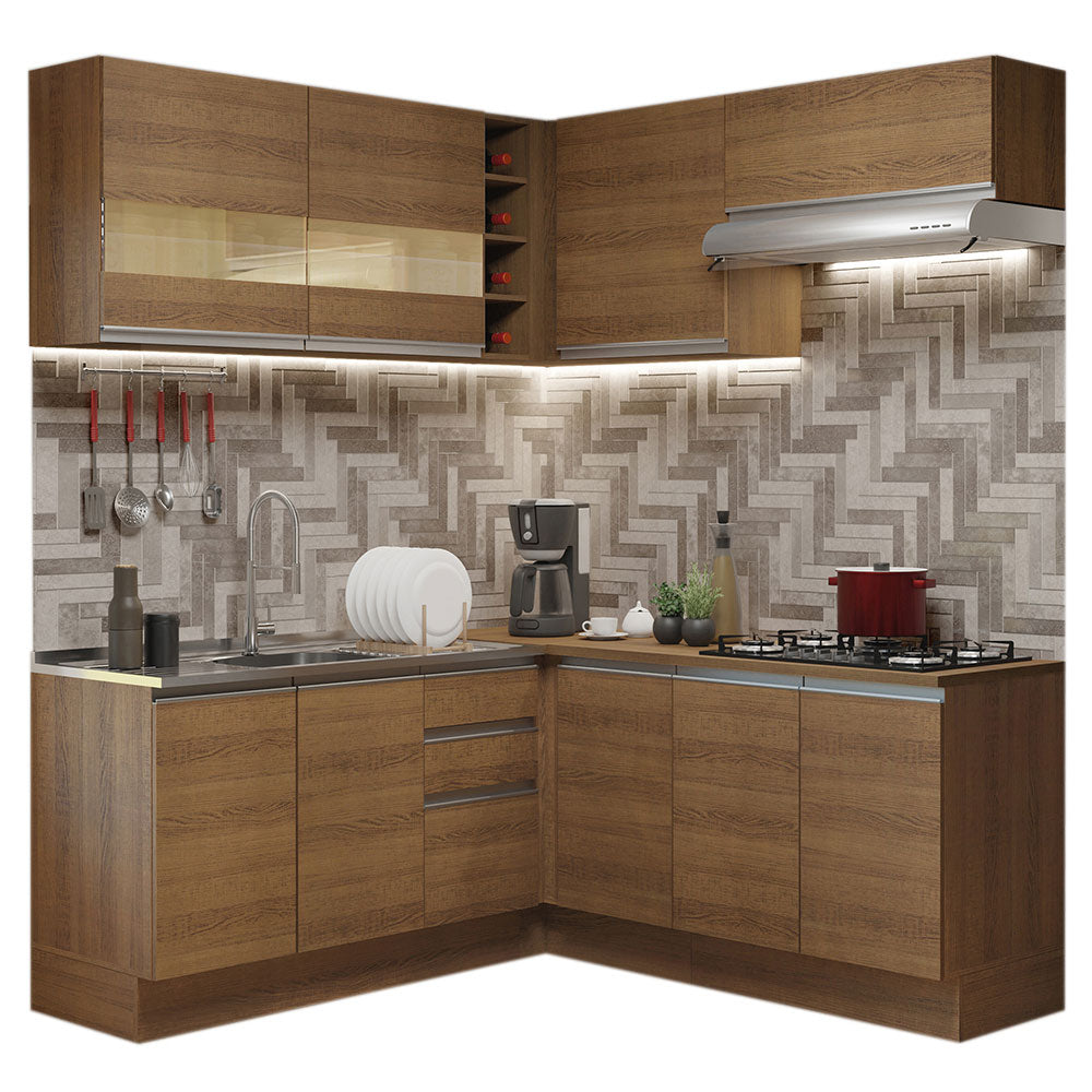 Combo completo de Cocina Esquinera 349 cm 9 Puertas 3 Cajones Sin Mesada Marrón Glamy Madesa