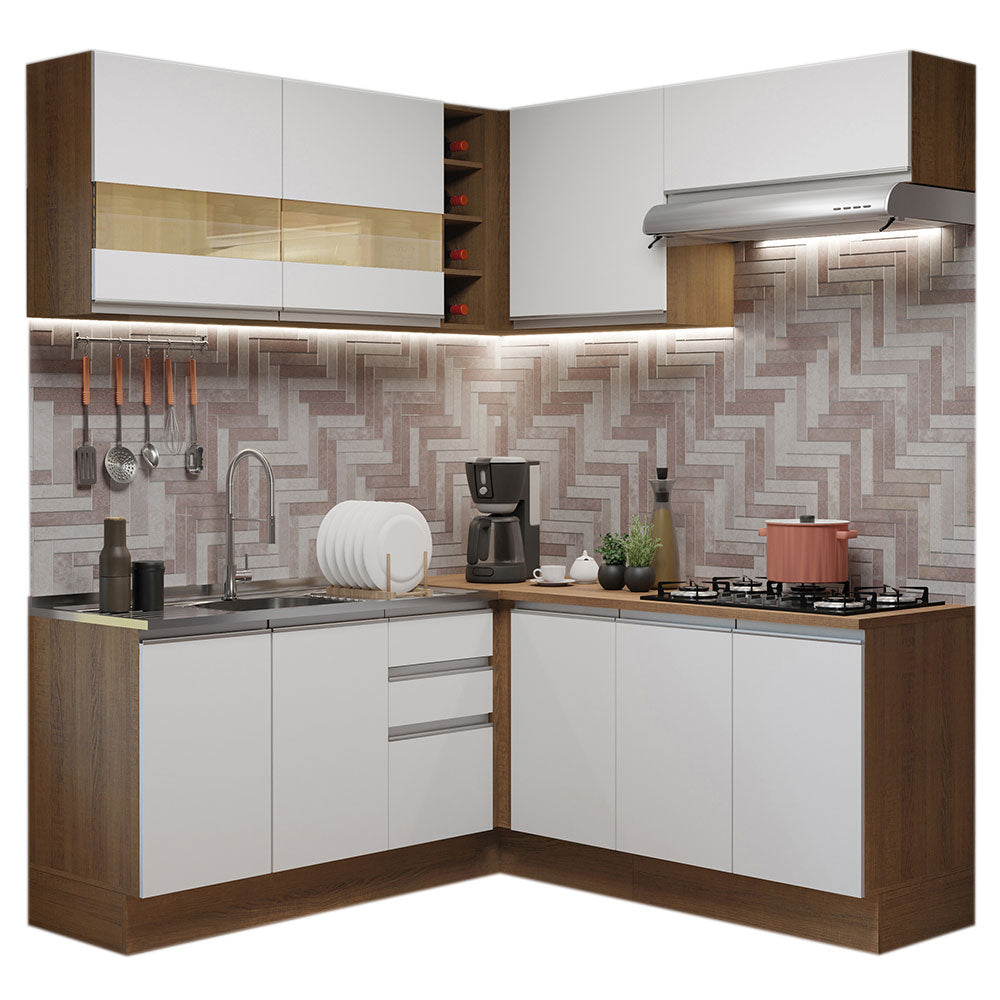 Combo completo de Cocina Esquinera 349 cm 9 Puertas 3 Cajones Sin Mesada Marrón/Blanco Glamy Madesa