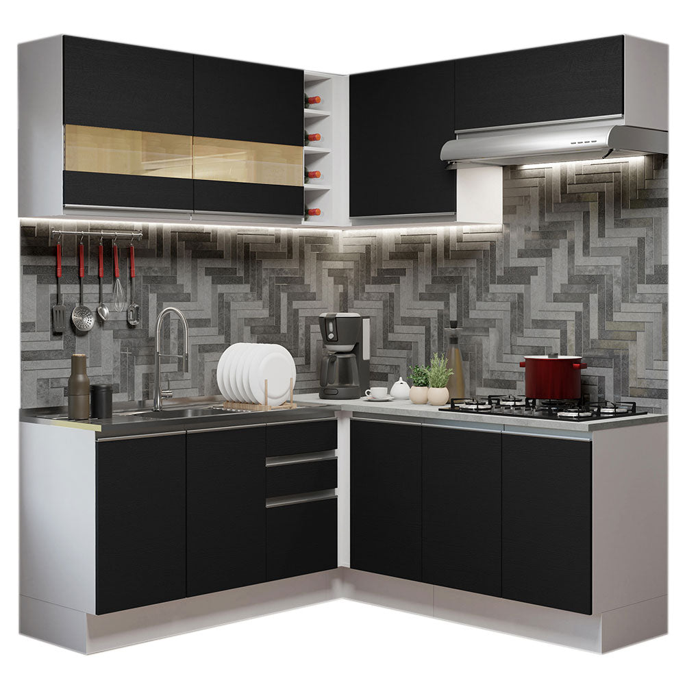 Combo completo de Cocina Esquinera 349 cm 9 Puertas 3 Cajones Sin Mesada Blanco/Negro Glamy Madesa
