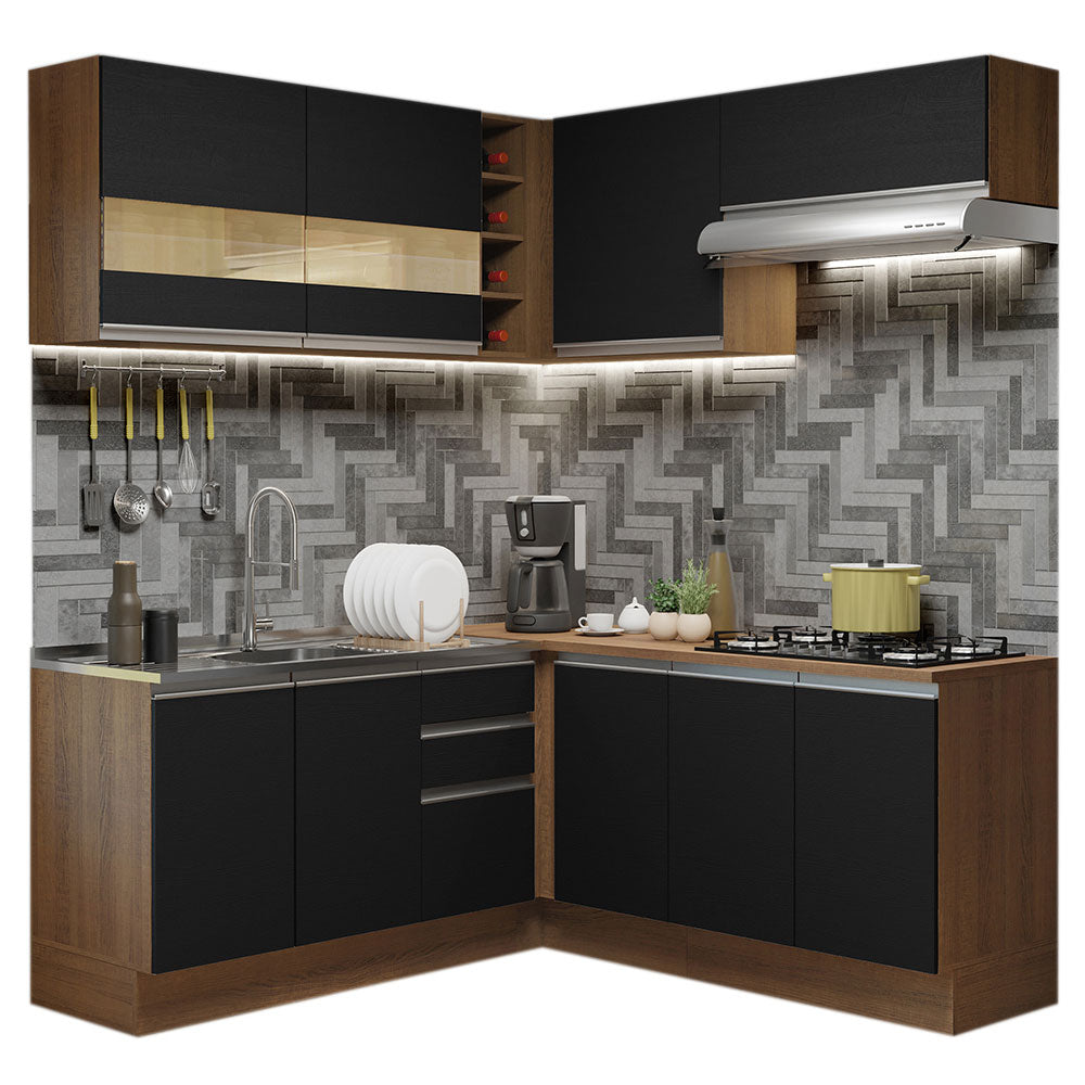 Combo completo de Cocina Esquinera 349 cm 9 Puertas 3 Cajones Sin Mesada Marrón/Negro Glamy Madesa