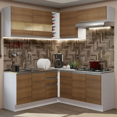Combo completo de Cocina Esquinera 349 cm 9 Puertas 3 Cajones Sin Mesada Blanco/Marrón Glamy Madesa