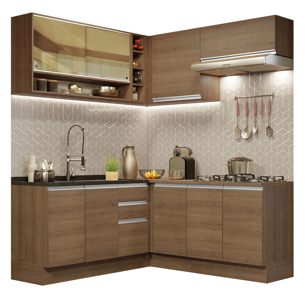 Combo completo de Cocina Esquinera 349 cm 9 Puertas 3 Cajones Sin Mesada Marrón Glamy Madesa